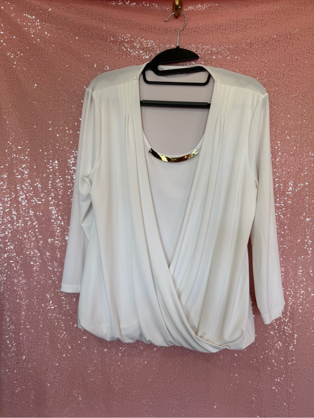 Calvin Klein White Draped Surplice Blouse with Gold Neck Accent H6